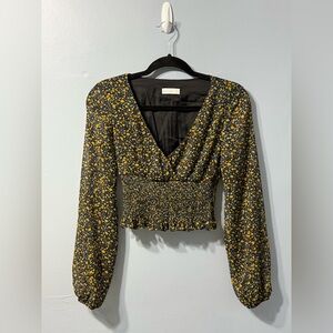 Kookai Avena Shirred Floral Top Blue /‎ Yellow women’s long sleeve blouse size 2